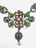Antique Austro Hungarian Renaissance Silver Enamel Emerald Ruby Pearl Necklace