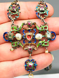 Antique Austro Hungarian Renaissance Silver Enamel Emerald Ruby Pearl Necklace