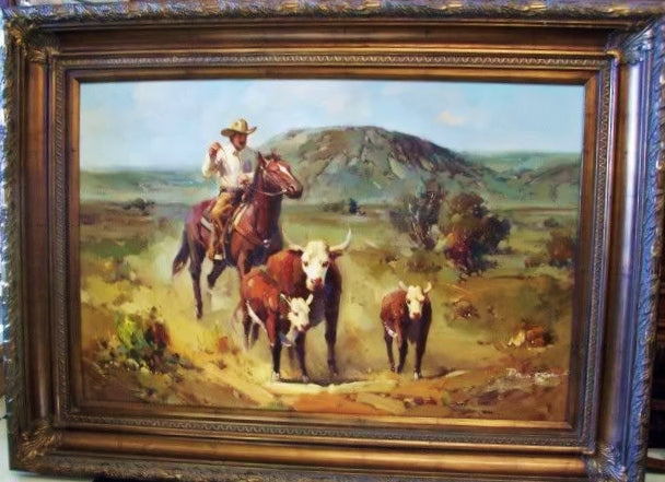 Original 24x36 Oil Painting Western Frontier Cowboys on Horses Signed J  GONZALEZ