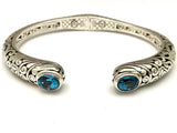 Sterling Silver Blue Topaz Bali Clamper Hinged Cuff Bracelet