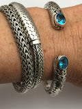 Sterling Silver Blue Topaz Bali Clamper Hinged Cuff Bracelet