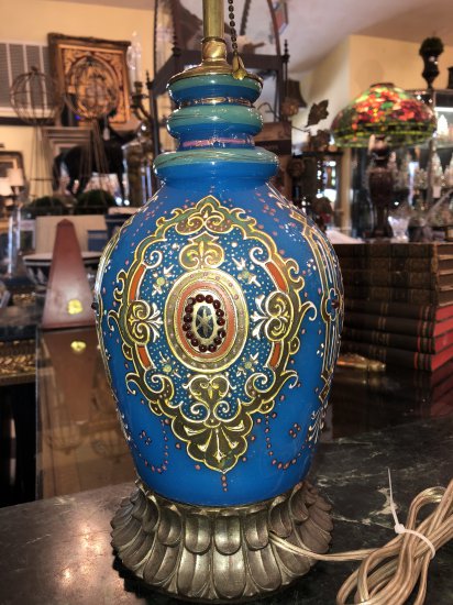 Antique Enameled Jeweled Blue Opaline Glass Brass Lamp