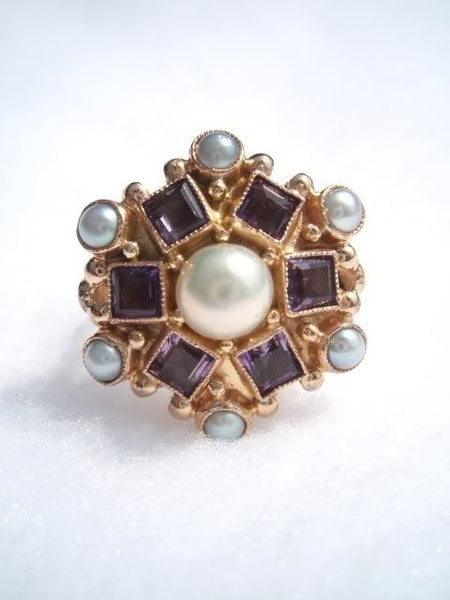 14k Antique Amethyst and Pearl Ring