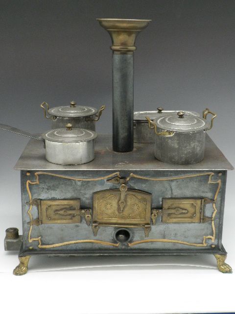 German Timplate Toy Stove with Brass Trim and Original Pots and Pans - Ruby  Lane