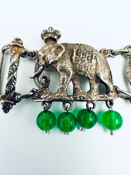 Antique Silver Elephants Jade Bracelet