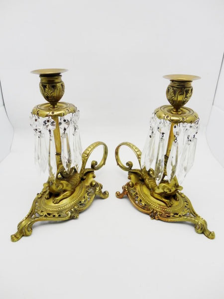 Pair Antique French Mythical Bronze Dragon Candlesticks Prisms