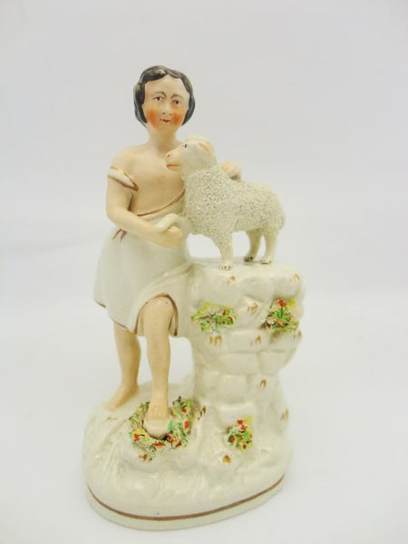 Antique Staffordshire Figure Boy With Lamb Sheep