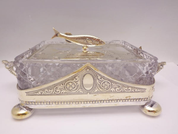 Antique English Crystal Silver Plate Sardine Dish