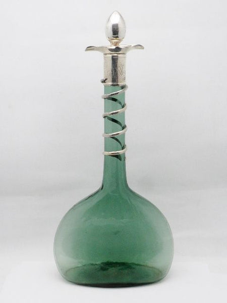 Antique Sterling Silver Snake Collared Decanter Green Glass Bottle