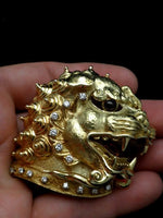 Chinese Fu Lion Foo Dog 18K Gold Brooch Ruby Diamond