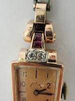 Ladies Art Deco 14K Rose gold Diamond Ruby Elgin Wrist Watch