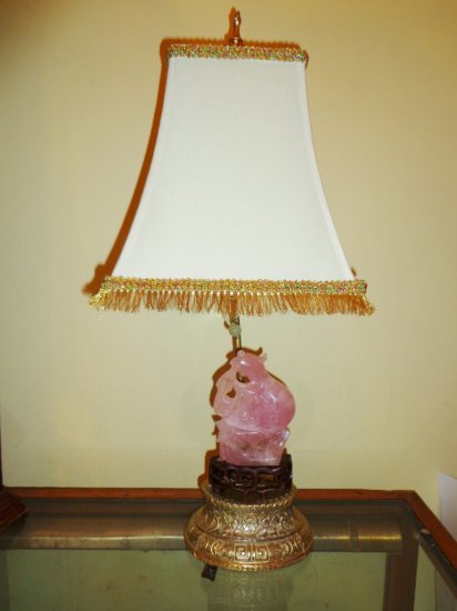 Chinese Rose Quartz Antique Lamp Bronze Base
