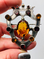 Antique Scottish Sterling Shield Brooch Garnet Topaz