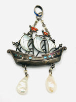Austro-Hungarian Silver & Enamel Galleon Necklace Pendant