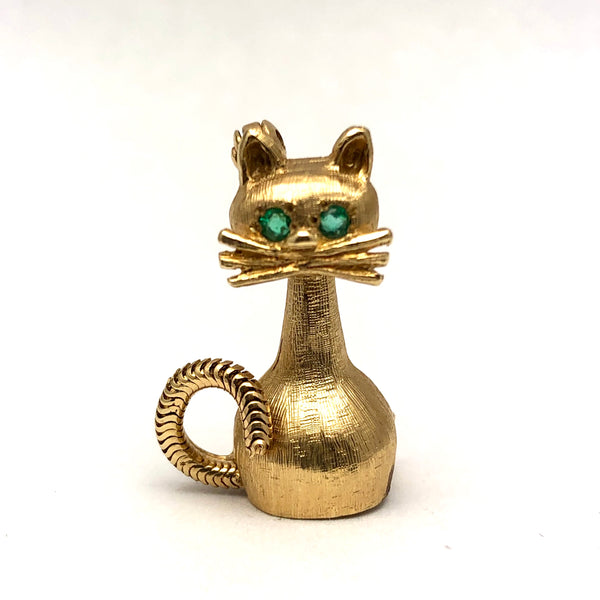 14K Golden Cat Brooch Emerald Eyes