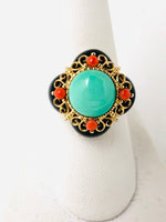 Italian Onyx Turquoise & Coral 14k Yellow Gold Ring