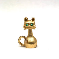 14K Golden Cat Brooch Emerald Eyes