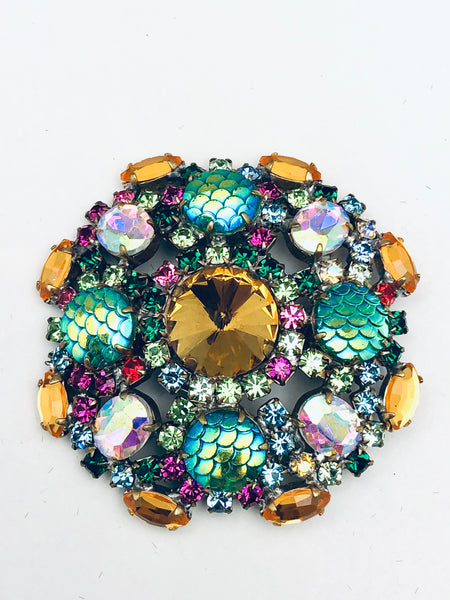 Vintage Czech Iridescent Crystal Fish Scale Brooch Pin
