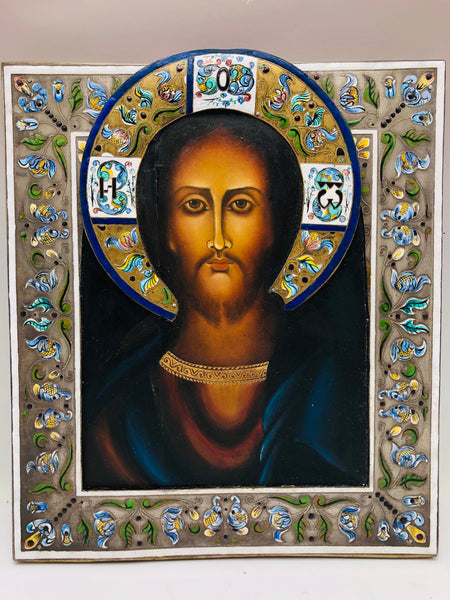 Antique Russian Enameled Christ Icon