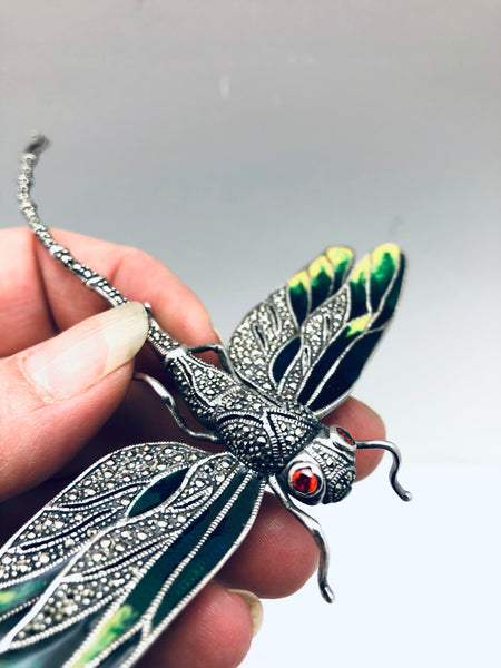 Large sterling Silver Enamel Dragonfly Brooch