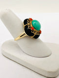 Italian Onyx Turquoise & Coral 14k Yellow Gold Ring