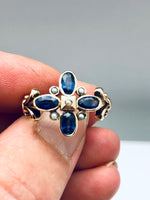 Antique English Blue Sapphire Pearl Ring 10K