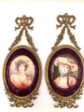 Antique Pair German Porcelain Portrait Miniatures Bronze Frames