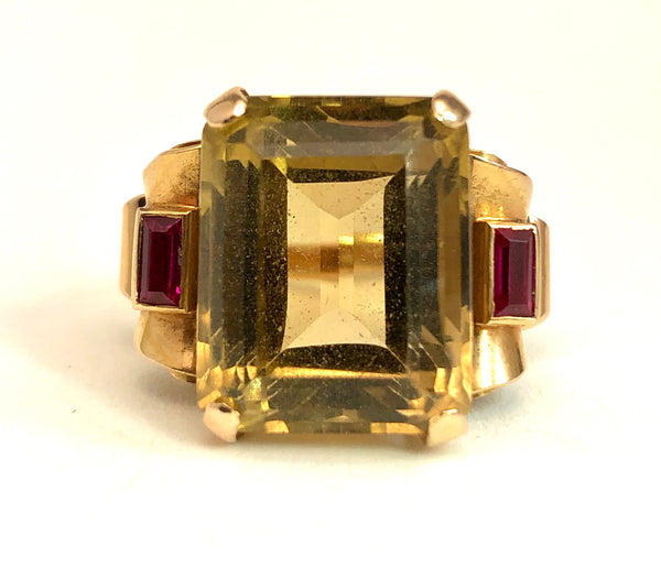 Art Deco Topaz & Ruby 18K Rose Gold Ring
