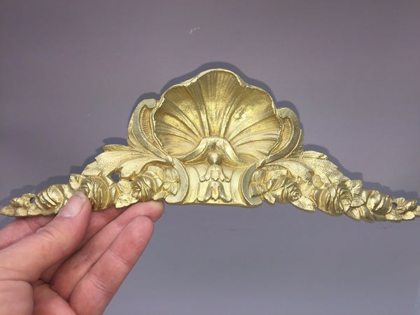 Antique French Brass Pediment Scallop Shell Garlands Cabinet Frame Mount 9"