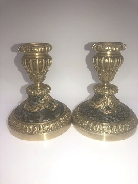 Antique Pair French Ormolu Marble Bronze Regency Candlesticks