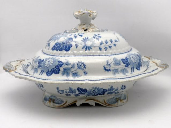 English Antique Gilt Tureen Blue White C 1860